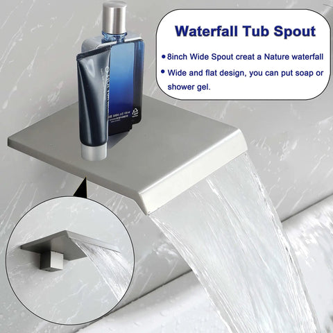 Waterfall tub spout with wide flat surface and flowing water, part of Brushed Finish Shower System With Multi Function Faucet, Rain Head And Handheld Sprayer, High Flow Water Pressure, Easy Install, Durable Brass Construction, Leaks Resistant, Modern Bath Upgrade