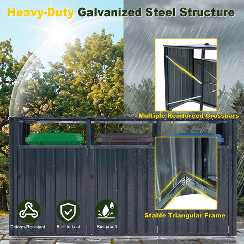 Heavy Duty Outdoor Trash Can Storage Shed For Three Bins With Flip Up Lids And Lockable Doors Galvanized Steel Utility Enclosure