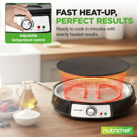 Electric Crepe Maker And Griddle 12 Inch Nonstick Reversible Hot Plate With Adjustable Temperature Control on a kitchen counter