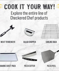Checkered Chef product line featuring meat tenderizer, salad chopper, cooling rack, baking sheet, pizza cutter, pizza peel.