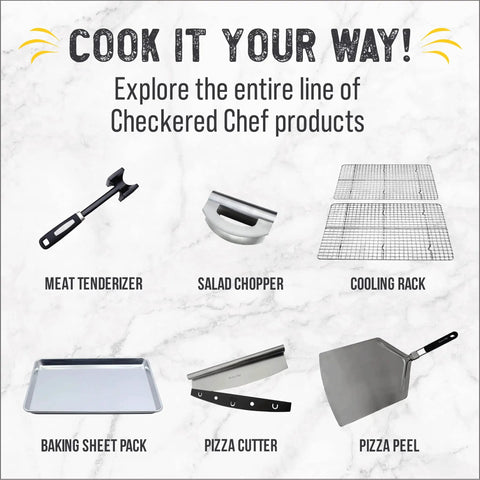 Checkered Chef product line featuring meat tenderizer, salad chopper, cooling rack, baking sheet, pizza cutter, pizza peel.