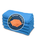 Blue 12x14 Inch Shop Towels Pack Of 50 Plus 5 Bonus Reusable Cleaning Rags with orange towels, folded stack, cotton material