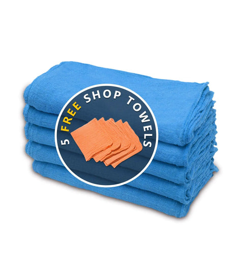 Blue 12x14 Inch Shop Towels Pack Of 50 Plus 5 Bonus Reusable Cleaning Rags with orange towels, folded stack, cotton material