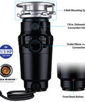 Compact One Third HP Garbage Disposal With Anti Jam Torque Master Stainless Steel Grinding System shown with connections