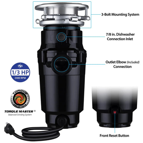 Compact One Third HP Garbage Disposal With Anti Jam Torque Master Stainless Steel Grinding System shown with connections