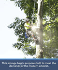 Arborist climbing a tree with a blue rope storage bag for rock climbing gear bucket style backpack waterproof 1000D nylon heavy duty.