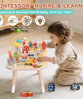 Sturdy Wooden Montessori Activity Table For Toddlers Ages 1 To 3, 9 In 1 Busy Toy With Bead Maze Shape Sorter Traffic Roads And Gears
