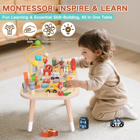 Sturdy Wooden Montessori Activity Table For Toddlers Ages 1 To 3, 9 In 1 Busy Toy With Bead Maze Shape Sorter Traffic Roads And Gears