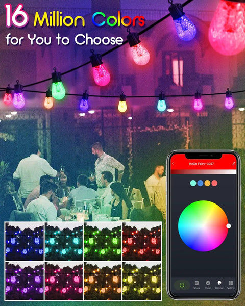 Outdoor Solar String Lights 48 Ft Waterproof Dimmable With Timer Bluetooth App And Remote 20 Scene Color Modes in use