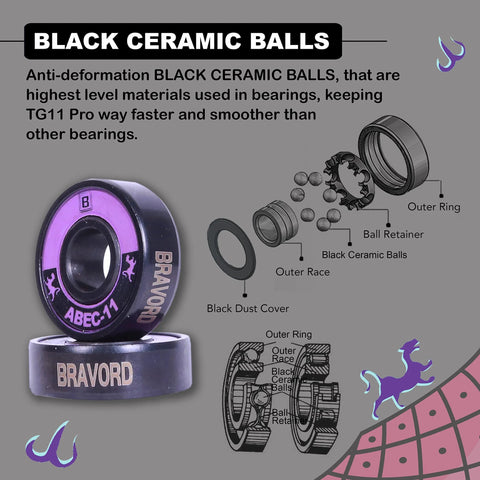 BRAVORD TG11PRO skateboard bearings with black ceramic balls, washers and spacers; pack of 8.
