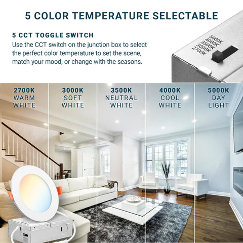 Living room with 5 color temperature settings displayed on 16 Pack 4 Inch Dimmable LED Recessed Lights With Junction Box And 5 CCT Switch 2700K To 5000K 9W Ultra Thin Canless Wafer Slim Panel Downlights IC Rated ETL Easy Install.