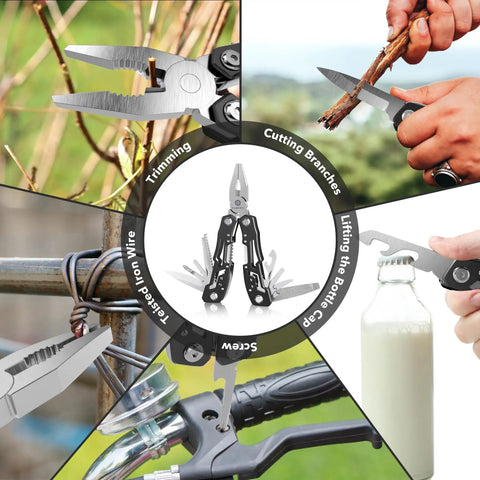 Collage of 14 In 1 Multitool With Safety Locking Built For Survival And Outdoor Adventures showing pliers, knife, and bottle opener in use