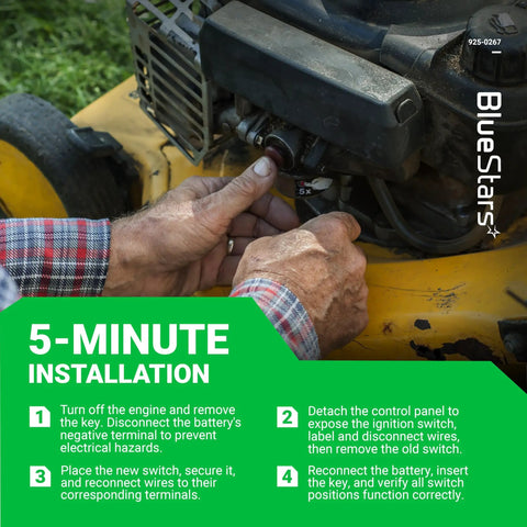 5-minute installation of plug and play ignition starter switch for riding lawn mowers by BlueStars, part 925-0267.