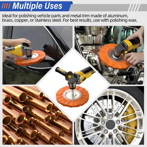 Buffing wheel kit for 4.5-inch angle grinder; 8-inch orange polishing wheels, 9-piece set with 5/8-inch arbor for car and aluminum polishing.