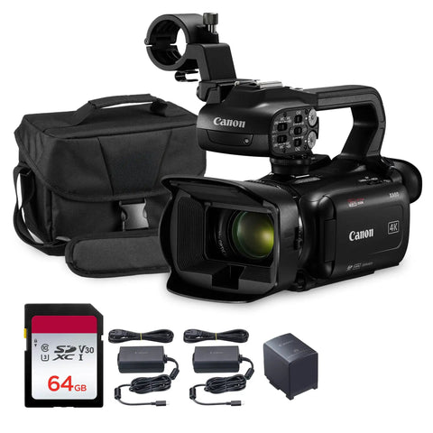 XA60 4K UHD Camcorder Bundle With 20x Optical Zoom, shoulder bag, 64GB SD card, and accessories including power adapters.