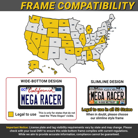 Map showing frame compatibility across US states for Matte Black License Plate Frames 2 Pack Dope Quality Rust Free Stainless Steel Rattle Free Universal Fit.