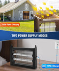 Cordless Outdoor Solar Bug Zapper With 4500V Grid Waterproof Mosquito Killer Rechargeable shown charging via solar panel and USB.