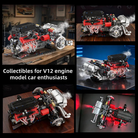 Realistic V12 Engine Model Kit That Runs Visible MOC Car Engine Project For Gearhead Enthusiasts With Motor, Lighting And Exhaust STEM Engineering Toy Set For Adults, Builds Durable, Interactive Engine Display, 1610-piece display with smoke effects