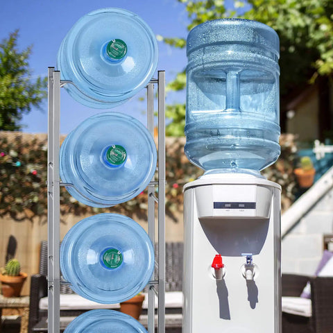 5 Tier Water Jug Stand Storage Rack For Five Gallon Jugs Detachable Heavy Duty Water Dispenser Shelf next to cooler outdoors