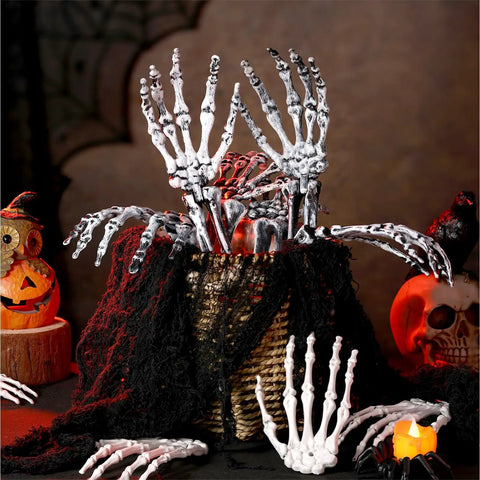 18 Piece Realistic Skeleton Arm Stakes And Halloween Skeleton Hands Set in a basket for spooky outdoor yard decor