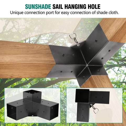 4 Pack Pergola Brackets And Post Bases For 4x4 Beams 3 Way Right Angle Corner Brackets With Sunshade Holes on wood beams