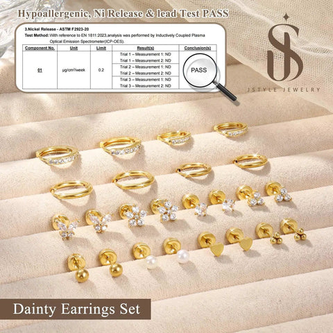 Hypoallergenic 14K Gold Plated Stud Hoop Earrings For Women Surgical Stainless Steel Flat Back Small Stack Hoops Cartilage Earring Set For Multiple Piercing Jewelry Gifts, gold studs and hoops on display