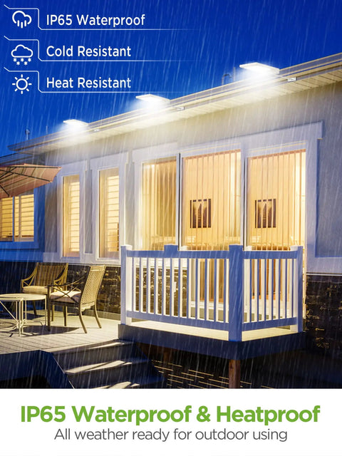 Outdoor Solar Wall Mount Lights Pack of 2 with 80 LEDs illuminating a rainy porch, highlighting IP65 waterproof feature.