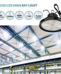 Beefy 200W High Bay LED Light Dimmable 1 To 10V 30000 Lumen 5000K Bright White fixture shown illuminating a large warehouse interior