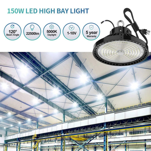 Beefy 200W High Bay LED Light Dimmable 1 To 10V 30000 Lumen 5000K Bright White fixture shown illuminating a large warehouse interior