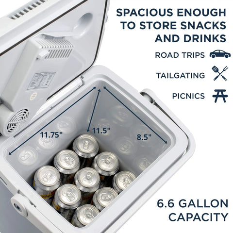 Portable Electric Cooler And Warmer With Rugged Carry Handle, Thermoelectric Camp Fridge with 6.6 gallon capacity for drinks.