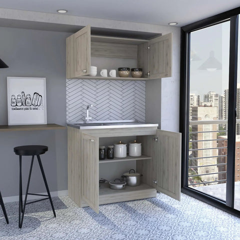 Straight Up Solid Two Piece Storage Cabinet Set In Sleek Light Gray With Spacious Compartments And Heavy Duty Hardware, ideal for kitchen.