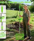 Woman holding 2 In 1 Chicken Poop Scooper And Rake With Handle 12 Inch Heavy Duty Metal Coop Cleaner in farm setting.