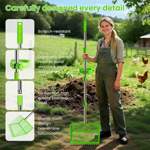 Woman holding 2 In 1 Chicken Poop Scooper And Rake With Handle 12 Inch Heavy Duty Metal Coop Cleaner in farm setting.