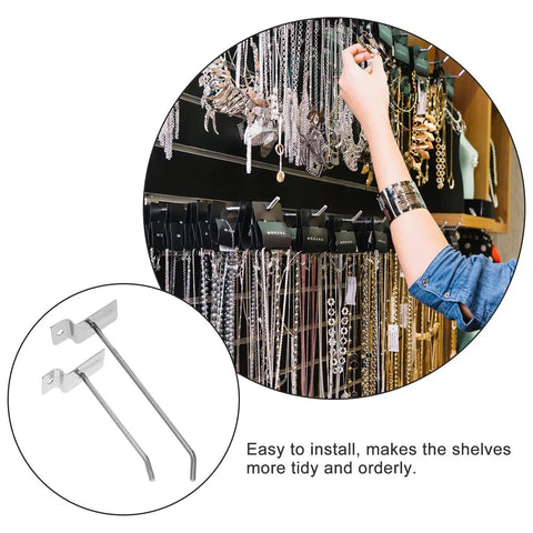 Heavy Duty Slatwall Hooks for Retail Displays holding jewelry with space saving, tool free setup in a store environment