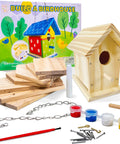Wooden Bird House Kit for Kids ages 5-12 build and paint, includes pre-cut parts, nails, glue, paintbrush, perch, hooks, chain.