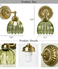 Totally Classic Battery Operated Wall Sconces Set Features Green Tulip Glass And Gold Metal Frame, showcasing size and details.
