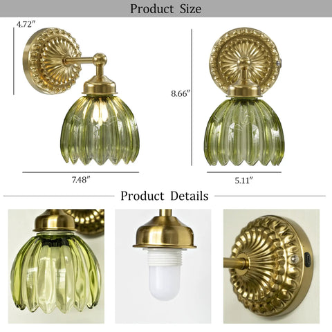 Totally Classic Battery Operated Wall Sconces Set Features Green Tulip Glass And Gold Metal Frame, showcasing size and details.