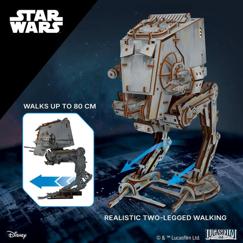 Wooden Star Wars AT ST Walker 3D Puzzle Featuring Smooth Shifting Gear System That Delivers Real Walking Motion, side view.