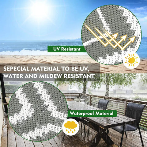 9x18 Reversible Outdoor Camping Rug Weatherproof Patio Mat For RV Beach Backyard Deck And Picnic Two Gray And White Patterns Flip For A Fresh Look In An Instant