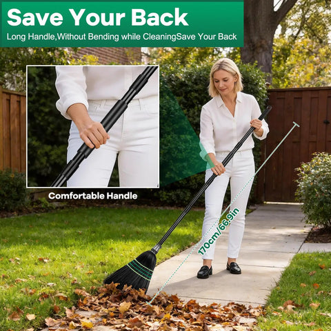 Woman using Heavy Duty Outdoor Broom With Stiff Bristles For Beast Mode Cleaning On Driveways Gardens Garages And More