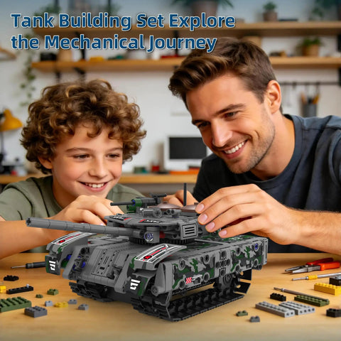 Father and son assembling 5-In-1 RC Tank Robot Building Set With 389 Pieces Transformable WW2 Military Vehicle Kit, 2.4GHz Remote Control And App
