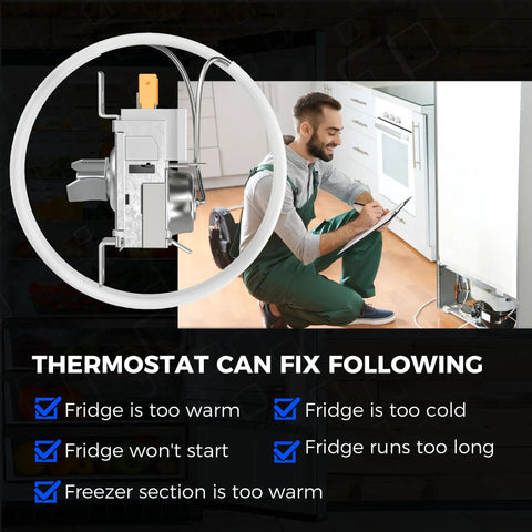 Upgrade Refrigerator Cold Control Thermostat 2198202 with eco-friendly materials, shown in use by technician in kitchen