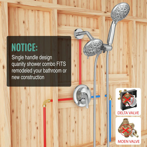 High Pressure Shower System With Handheld And Rain Showerhead, 35 Function Dual 2 In 1 Faucet, Chrome finish, valve showing