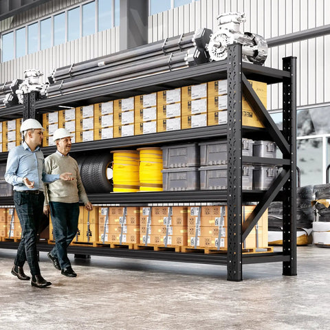 Built Tough Four Tier Metal Storage Shelves featuring massive 5000 LB load limit in warehouse with shelves of boxes and tools.