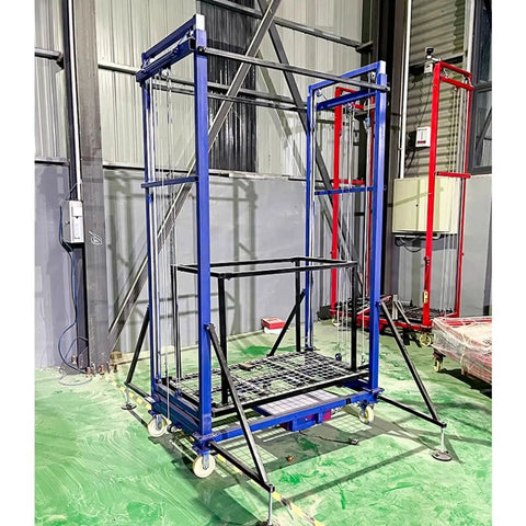 Heavy Duty Electric Lift Cart That Handles Rough Jobs Smooth, Zero Hassle Remote Control, Built Tough Folding Work Platform, blue and black.