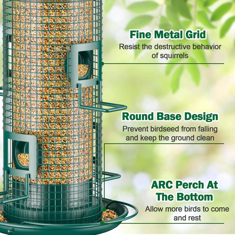 Squirrel Chew Proof Metal Mesh Bird Feeder For Outdoors All Weather Rust Proof 2 Lb Large Capacity No Fuss Refill Finch Cardinal Friendly Gift For Bird Lovers with fine metal grid and round base design.