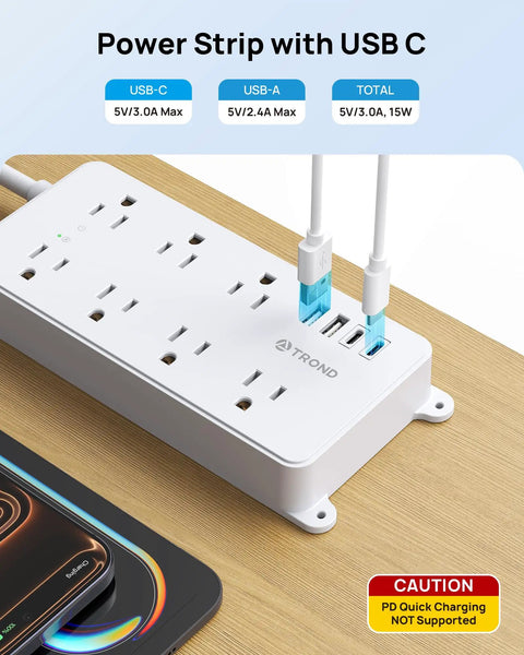 Game Changer Surge Protector Power Strip With 10 Foot Flat Plug Extension Cord 7 Widely Spaced Outlets 2 USB A Ports 2 USB C Ports with devices