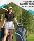 Woman standing beside a golf cart with Ultra Lightweight Womens Golf Cart Bag With Dual Handles For Women 14 Way Full Length Top Dividers Large Putter Well Big Pockets For Accessories Easy Carry On Back Or Cart Aqua Grey on green lawn.
