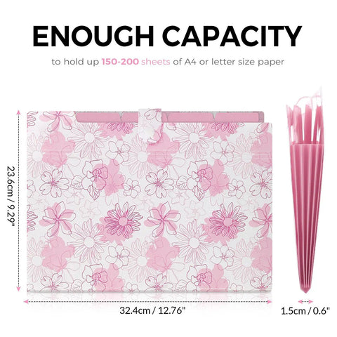 Floral 5 Pocket Accordion File Organizer for Bills Receipts and Documents, pink expanding file with floral pattern, side view