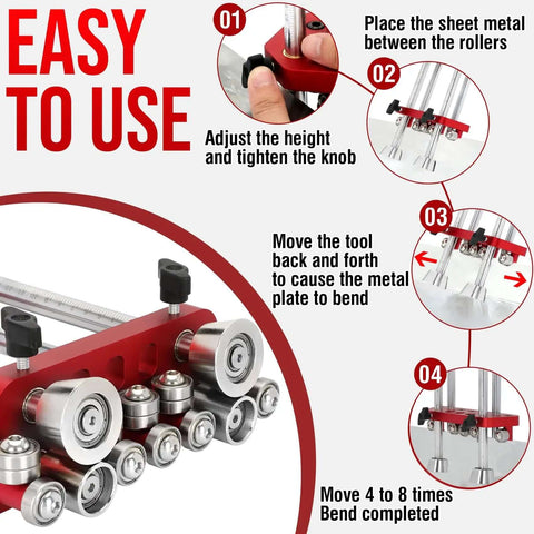 Instructions for using Sheet Metal Edge Roller Bender For 0-100 Degree Bends, showing setup and operation features.